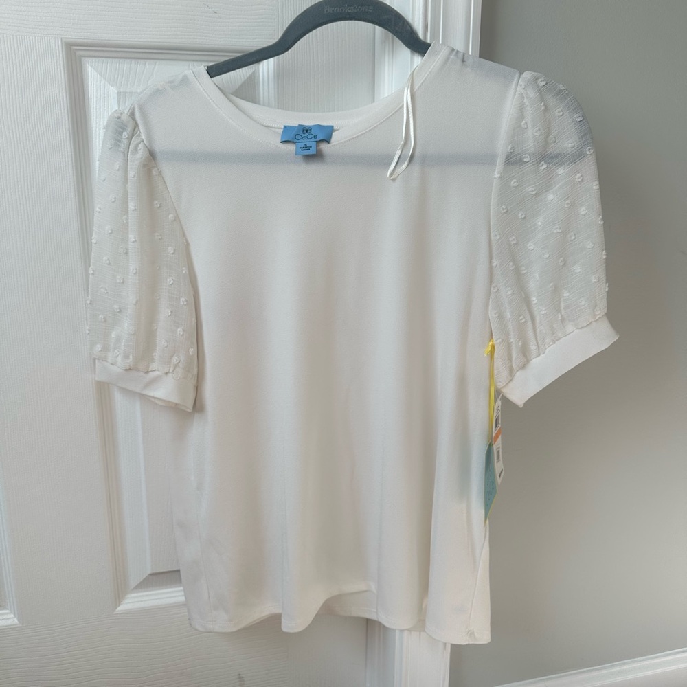 CeCe White Blouse with Sheer Puff Sleeves